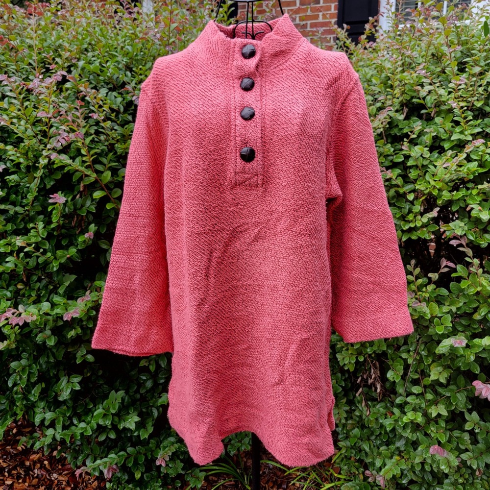 Soft Surroundings M Tunic Sweater Coral Pink Textured Knit Mock Neck Set Sail